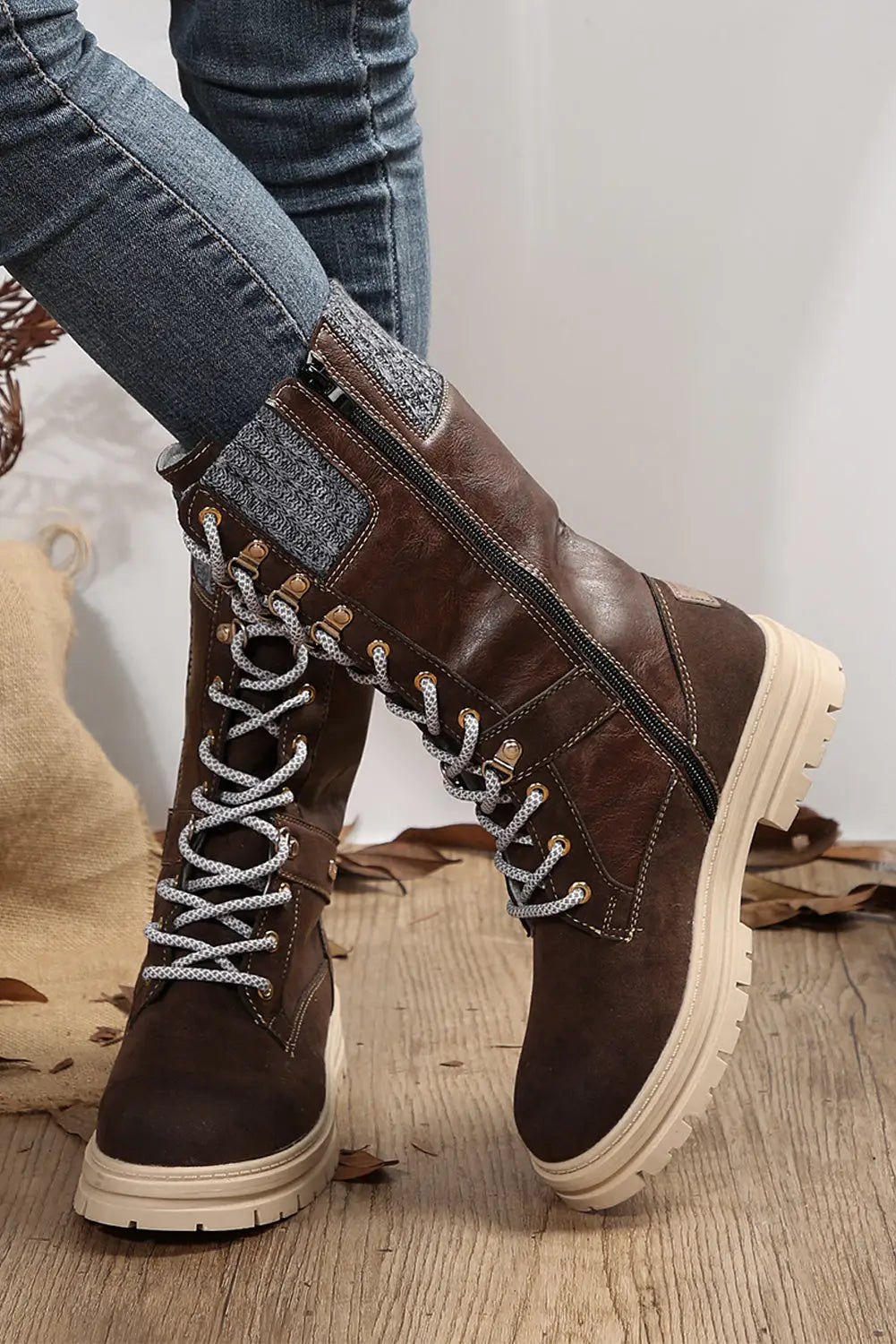 Coffee wool knit patchwork lace up leather boots - shoes &
