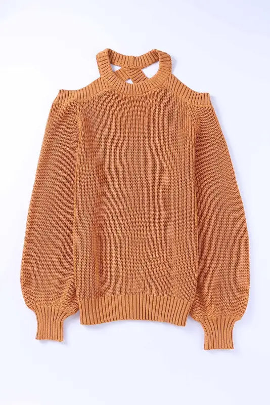 Brown crew neck cold shoulder hollow-out back sweater - sweaters & cardigans