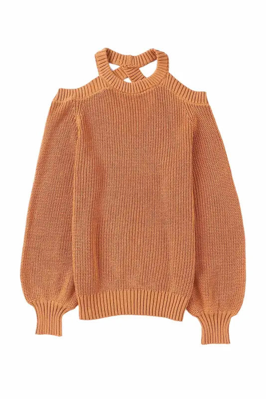 Brown crew neck cold shoulder hollow-out back sweater - sweaters & cardigans