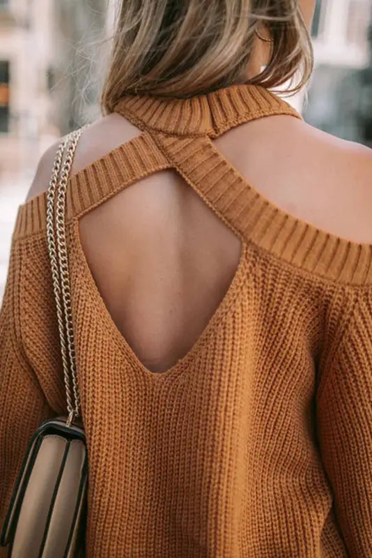 Brown crew neck cold shoulder hollow-out back sweater - sweaters & cardigans