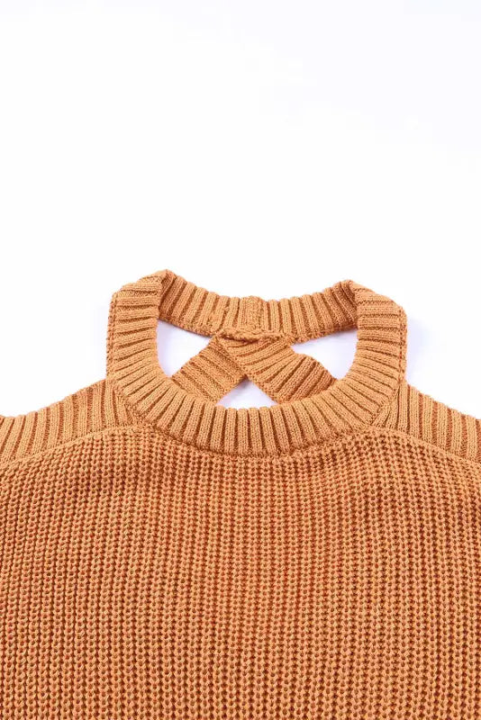 Brown crew neck cold shoulder hollow-out back sweater - sweaters & cardigans