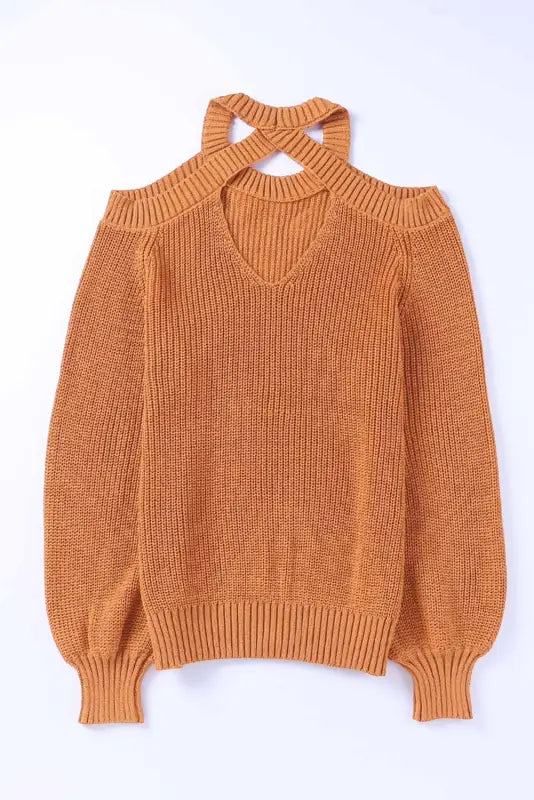 Brown crew neck cold shoulder hollow-out back sweater - sweaters & cardigans