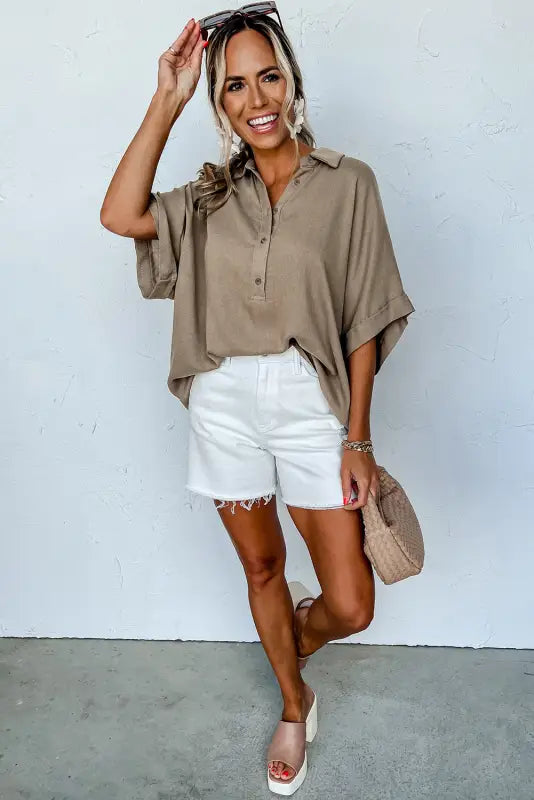 Collared short sleeve oversized top - tops/tops & tees