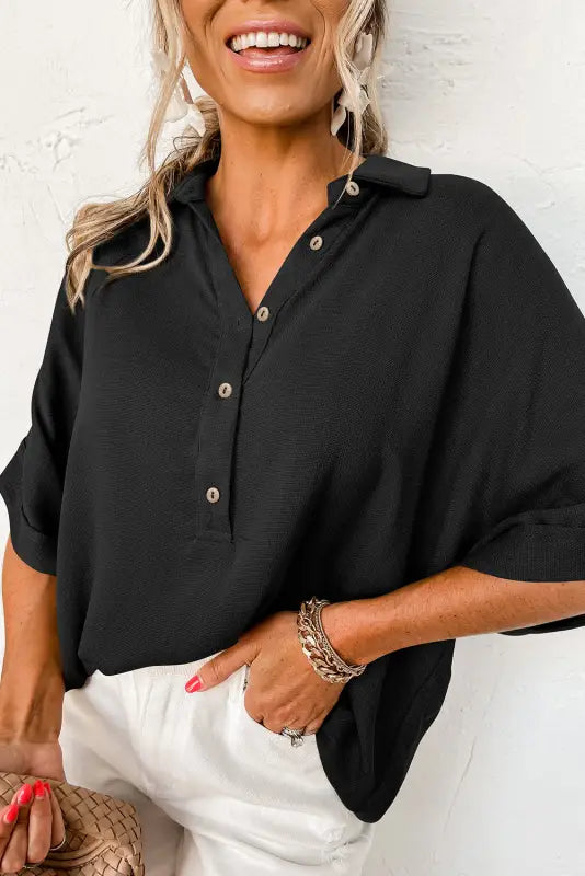 Collared short sleeve oversized top - black / s / 70% viscose + 30% linen - tops/tops & tees