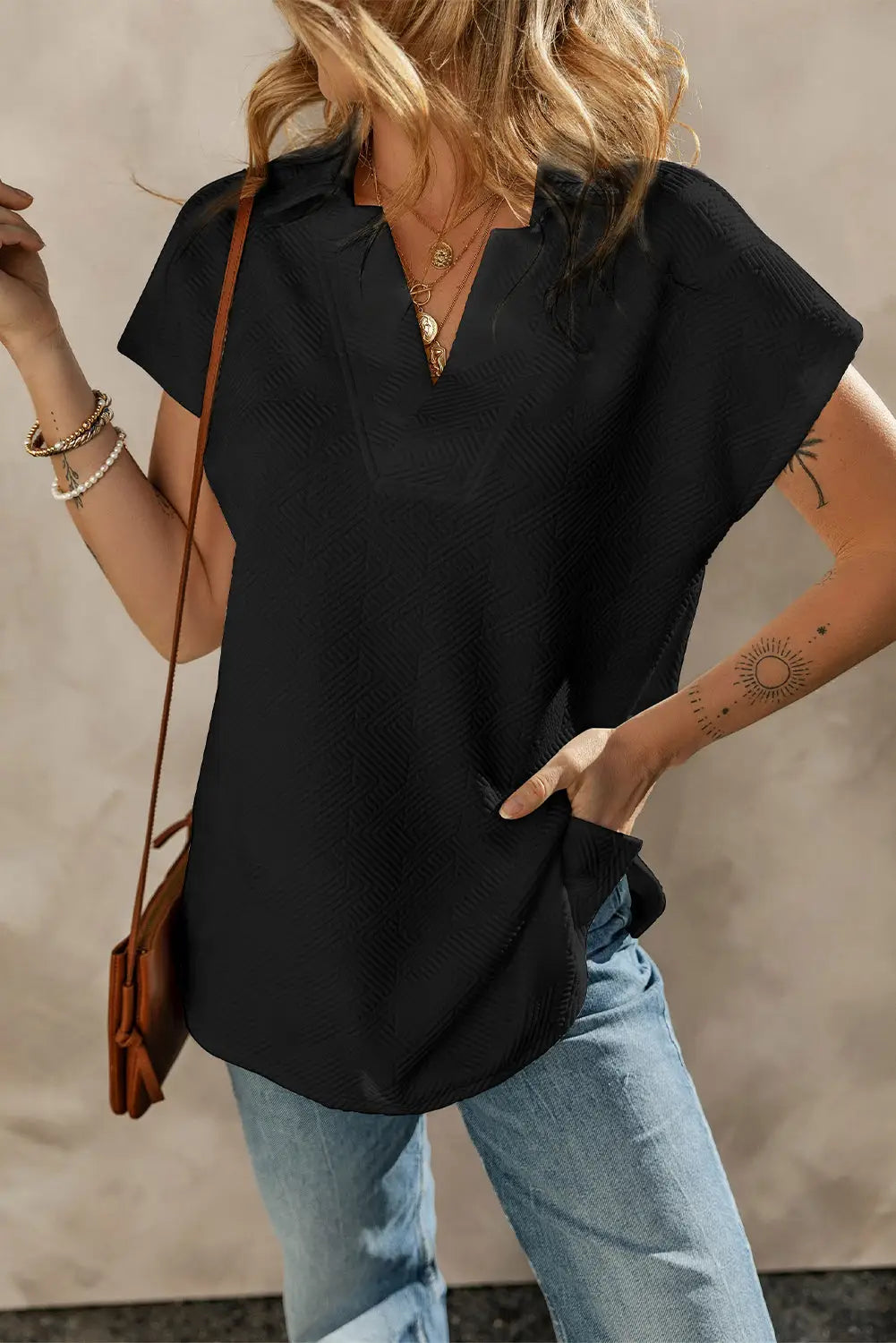 Collared short sleeve top - black / s / 95% polyester + 5% elastane - tops/tops & tees