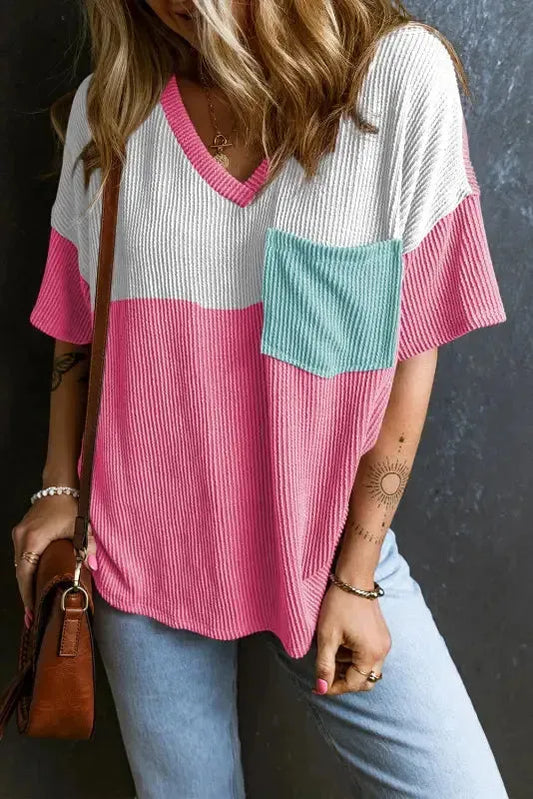 Color Block Corded V Neck Tee - Fashionfitz