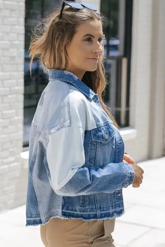 Color Block Frayed Denim Jacket - Fashionfitz