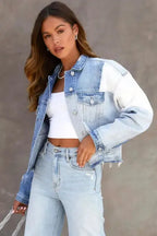 Color Block Frayed Denim Jacket - Fashionfitz