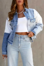 Color Block Frayed Denim Jacket - Fashionfitz