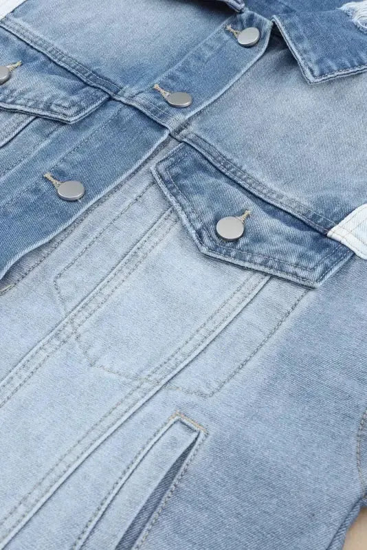 Color Block Frayed Denim Jacket - Fashionfitz
