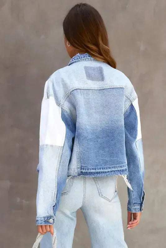 Color Block Frayed Denim Jacket - Fashionfitz