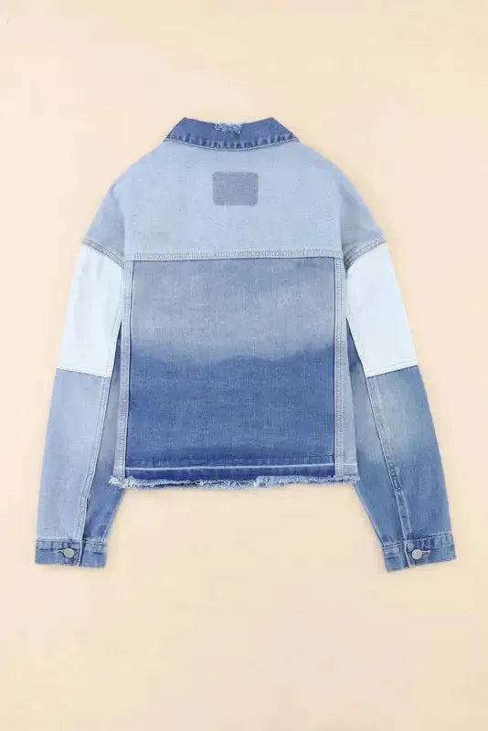 Color Block Frayed Denim Jacket - Fashionfitz