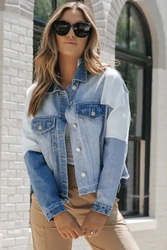 Color Block Frayed Denim Jacket - Fashionfitz