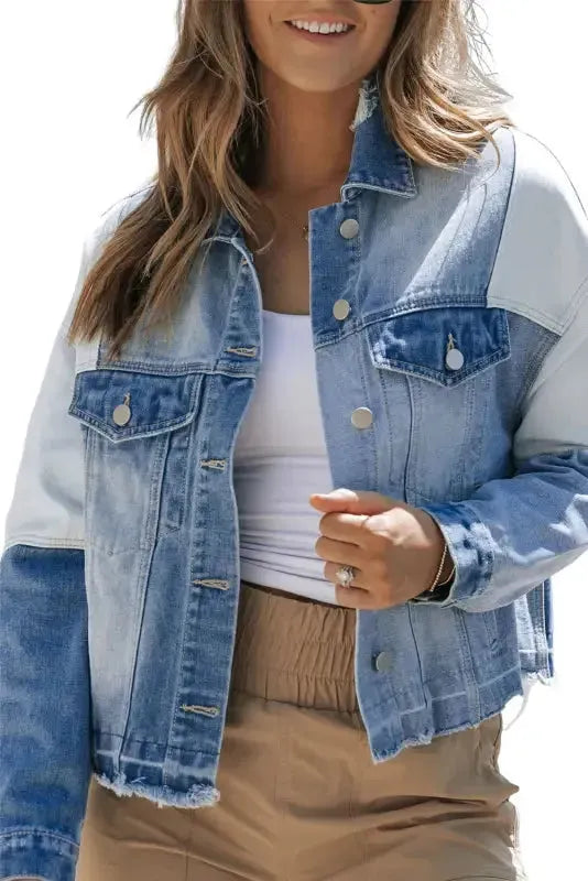 Color Block Frayed Denim Jacket - Fashionfitz