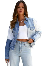 Color Block Frayed Denim Jacket - Fashionfitz