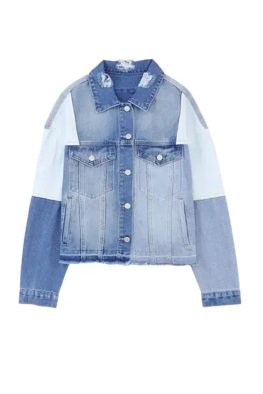 Color Block Frayed Denim Jacket - Fashionfitz