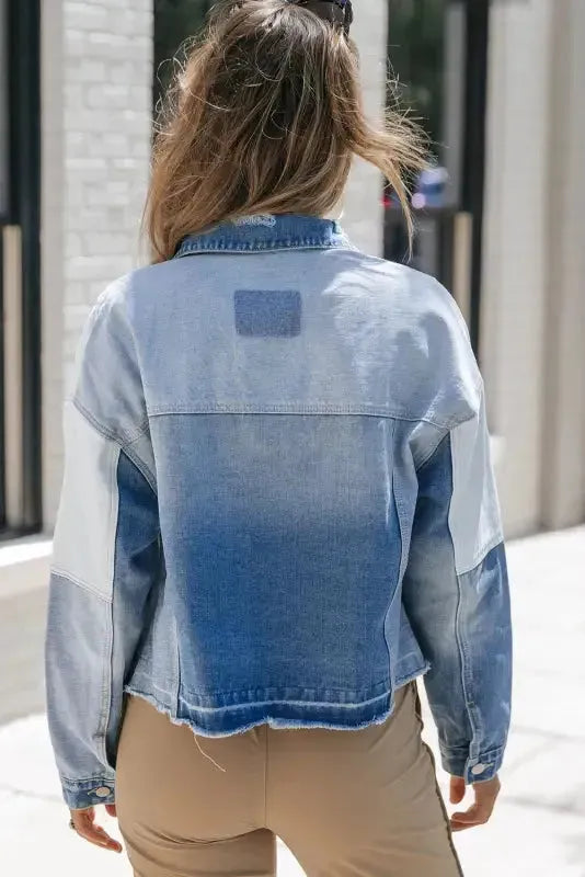 Color Block Frayed Denim Jacket - Fashionfitz