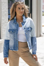 Color Block Frayed Denim Jacket - Fashionfitz