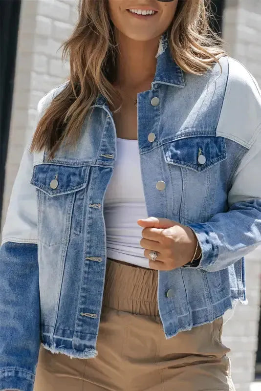 Color Block Frayed Denim Jacket - Fashionfitz