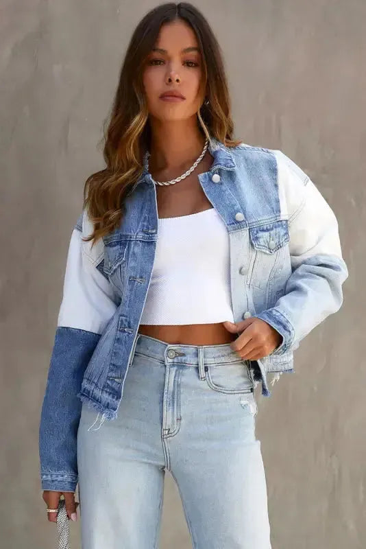 Color Block Frayed Denim Jacket - Fashionfitz