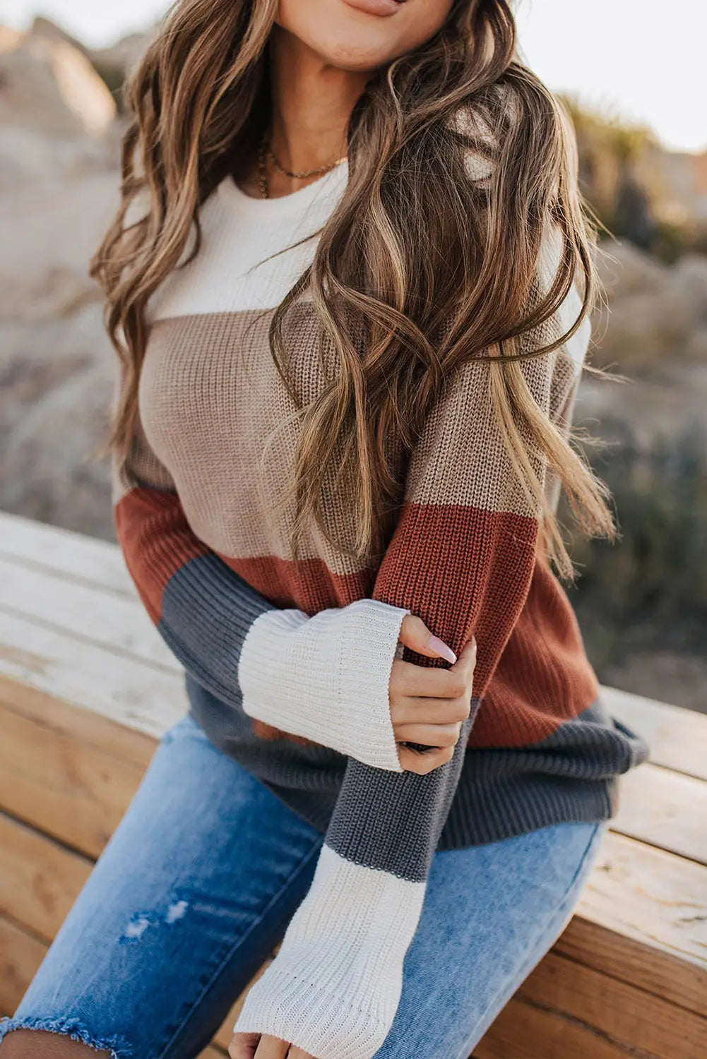 Color block knitted o-neck pullover sweater - sweaters & cardigans