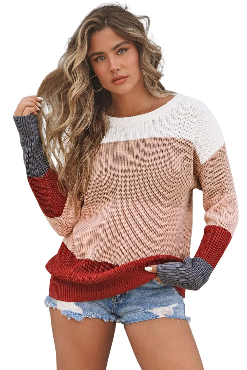 Color block knitted o-neck pullover sweater - sweaters & cardigans