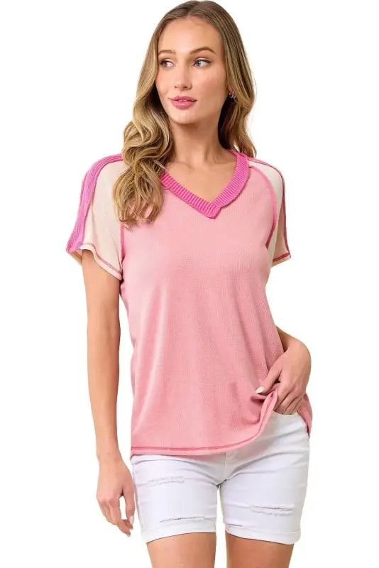 Color block knitted v-neck t-shirt - t-shirts