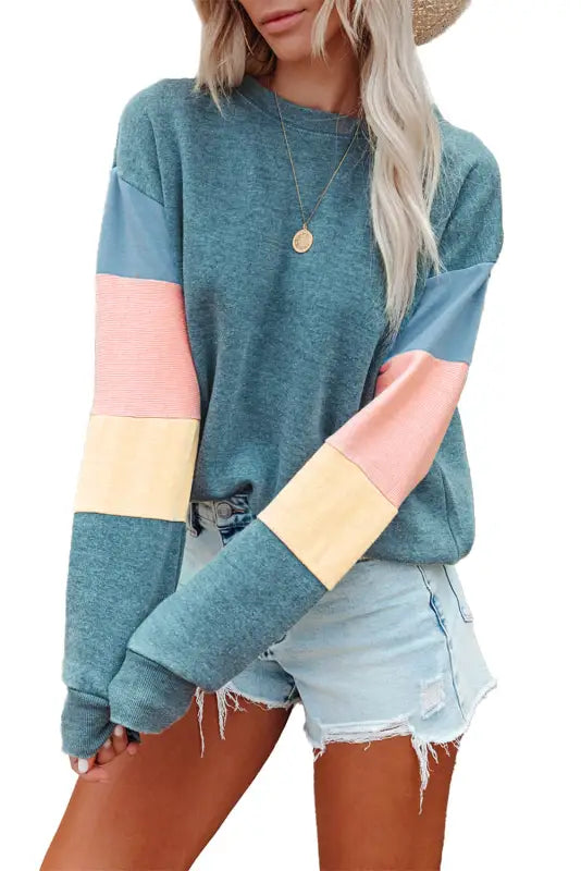 Blue colorblock long sleeve pullover sweatshirt - sweatshirts & hoodies