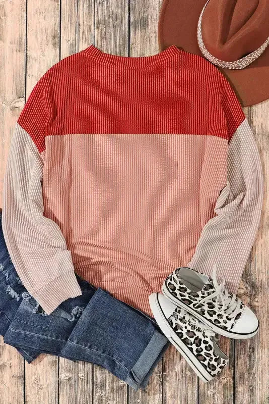 Color Block Long Sleeve Ribbed Loose Top - Fashionfitz