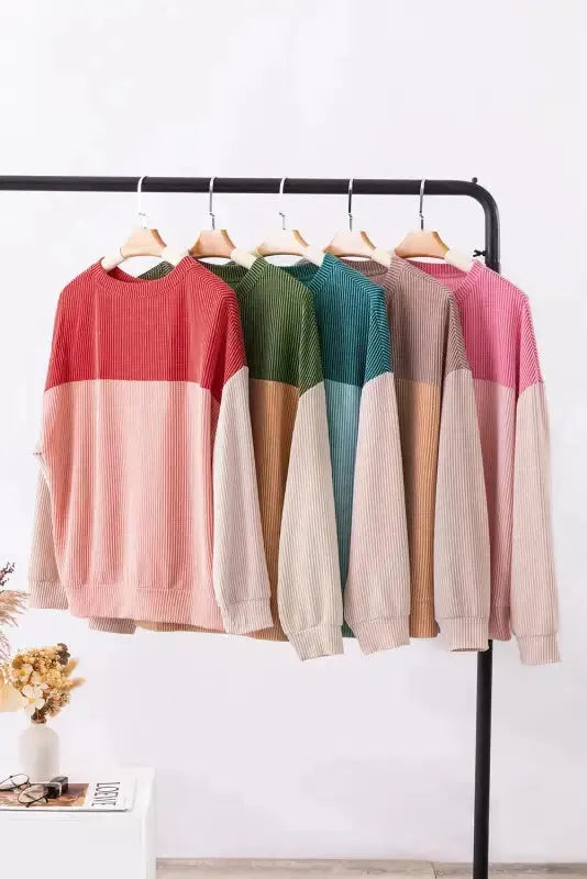 Color Block Long Sleeve Ribbed Loose Top - Fashionfitz