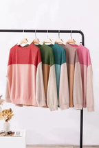 Color Block Long Sleeve Ribbed Loose Top - Fashionfitz
