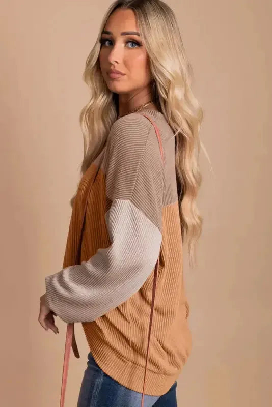 Color Block Long Sleeve Ribbed Loose Top - Fashionfitz