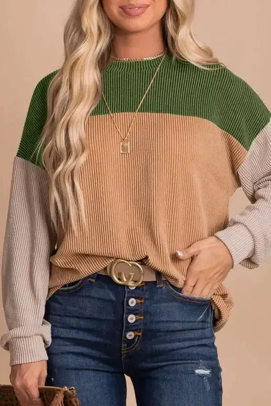 Color Block Long Sleeve Ribbed Loose Top - Fashionfitz