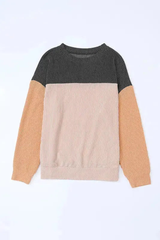 Color Block Long Sleeve Ribbed Loose Top - Fashionfitz