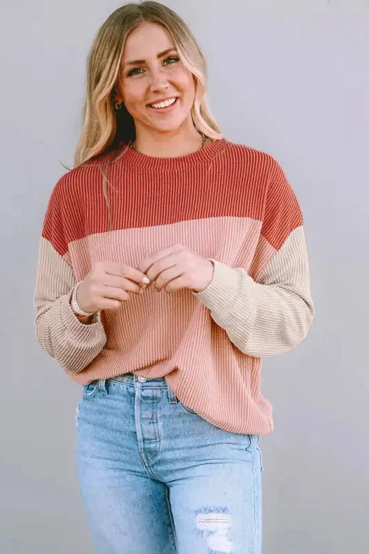Color Block Long Sleeve Ribbed Loose Top - Fashionfitz