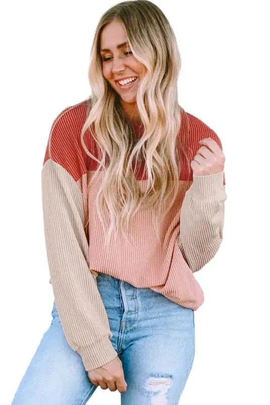 Color Block Long Sleeve Ribbed Loose Top - Fashionfitz