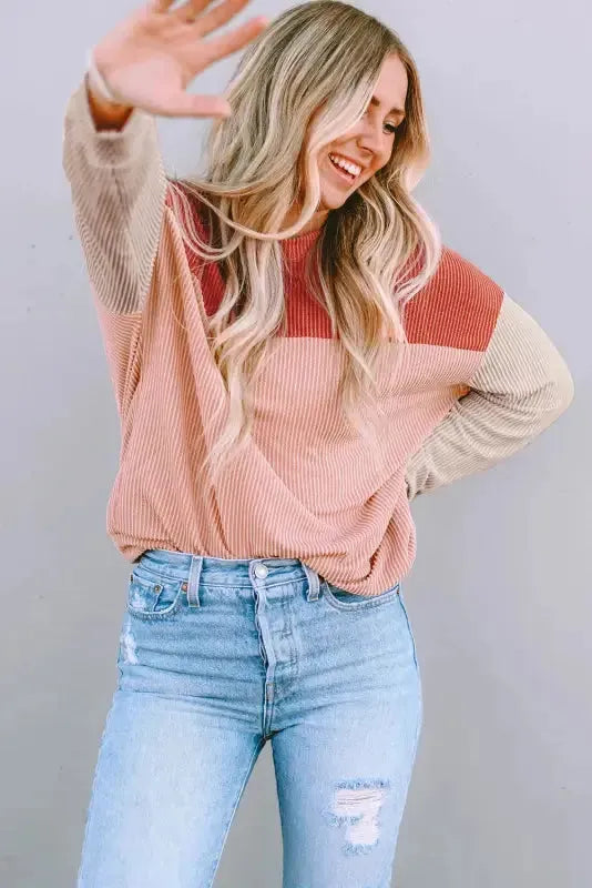 Color Block Long Sleeve Ribbed Loose Top - Fashionfitz