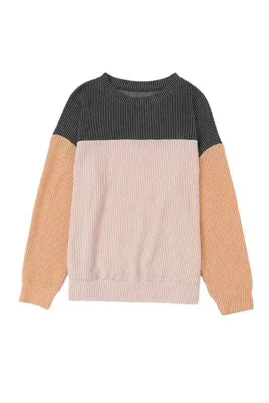 Color Block Long Sleeve Ribbed Loose Top - Fashionfitz