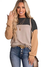 Color Block Long Sleeve Ribbed Loose Top - Fashionfitz