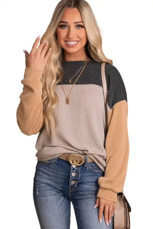 Color Block Long Sleeve Ribbed Loose Top - Fashionfitz