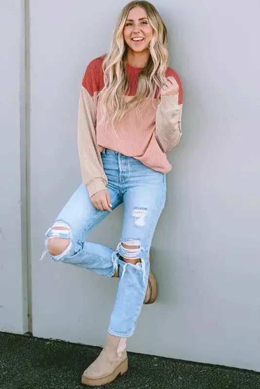 Color Block Long Sleeve Ribbed Loose Top - Fashionfitz