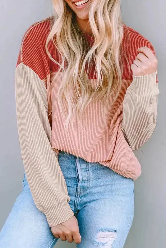 Color Block Long Sleeve Ribbed Loose Top - Fashionfitz