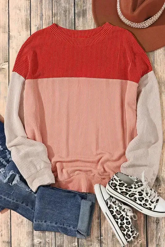 Color Block Long Sleeve Ribbed Loose Top - Fashionfitz