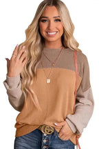 Color Block Long Sleeve Ribbed Loose Top - Fashionfitz