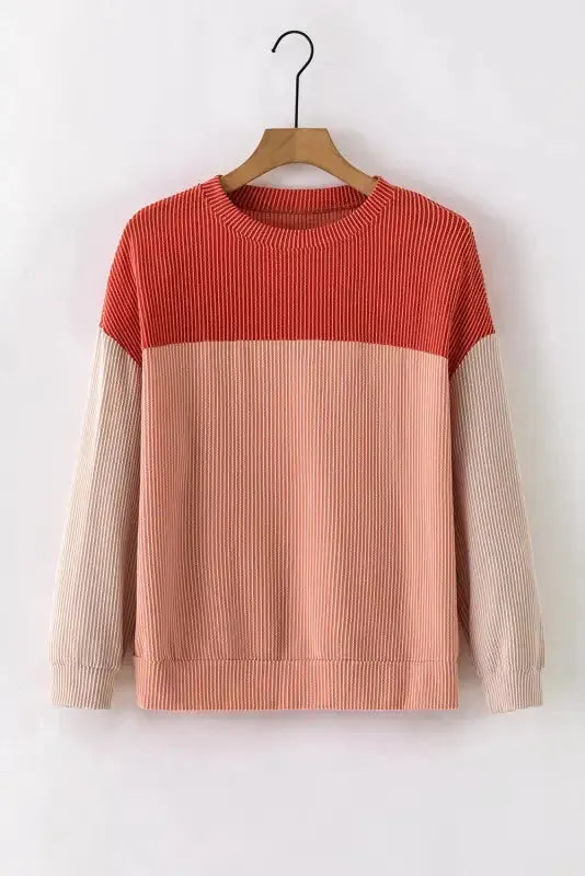 Color Block Long Sleeve Ribbed Loose Top - Fashionfitz