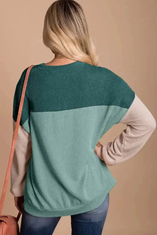 Color Block Long Sleeve Ribbed Loose Top - Fashionfitz