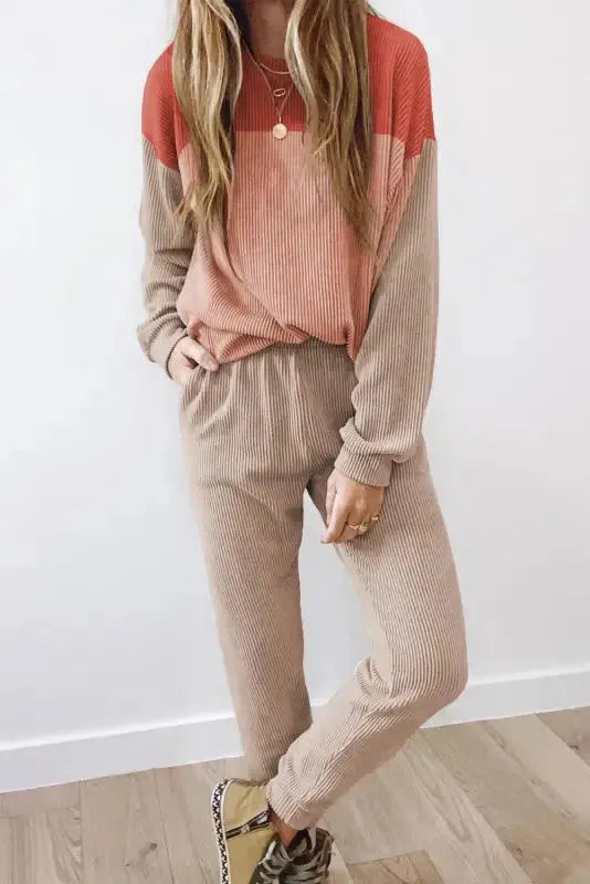 Color Block Long Sleeve Ribbed Loose Top - Fashionfitz