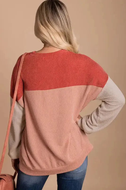 Color Block Long Sleeve Ribbed Loose Top - Fashionfitz