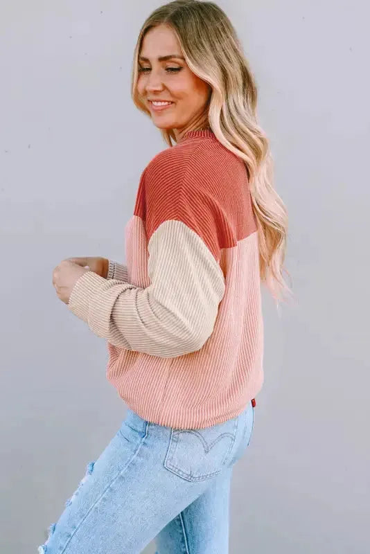 Color Block Long Sleeve Ribbed Loose Top - Fashionfitz