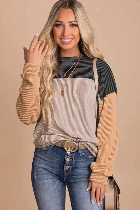 Color Block Long Sleeve Ribbed Loose Top - Fashionfitz
